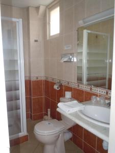 ein Badezimmer mit einem WC, einem Waschbecken und einem Spiegel in der Unterkunft Hôtel Le Bellevue Montrichard 3 étoiles in Montrichard