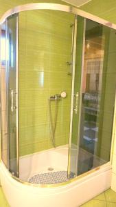 a shower with a glass door in a bathroom at Ferienhäuser RAJ - STAR - BOBOLIN in Bobolin