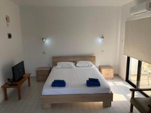 ein Schlafzimmer mit einem Bett mit zwei blauen Handtüchern darauf in der Unterkunft Kasapis Apts in Larnaka