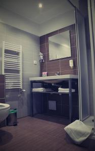 W łazience znajduje się umywalka i lustro. w obiekcie Hotel U Dvou medvídků w mieście Chomutov
