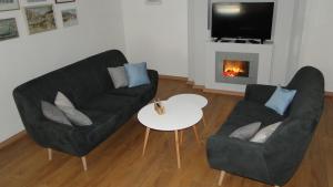 a living room with two couches and a table and a fireplace at Apartment Galerija in Tuzla
