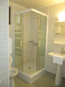 a bathroom with a shower with a sink and a toilet at Hôtel Des Rochers in Marvejols