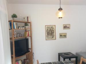 ein Wohnzimmer mit Fernseher und Bücherregal in der Unterkunft Apartment Sanja in Dramalj