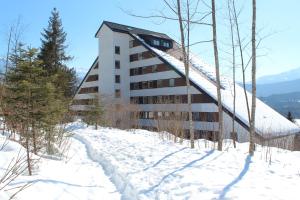 ein Gebäude auf einem schneebedeckten Berg in der Unterkunft Apartment Sunnseitn in Bad Mitterndorf