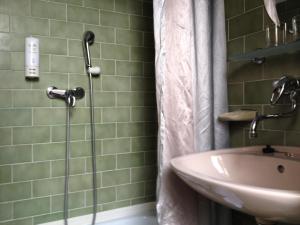 プラハにあるPension Filipの緑のタイル張りのバスルーム(シンク、シャワー付)