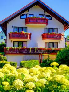 ein weißes Haus mit roten Balkonen und gelben Blumen in der Unterkunft Gästehaus Regina in Ruhla