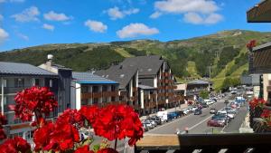 a view of a town with red flowers on a street at Les Aliziers in Super Besse