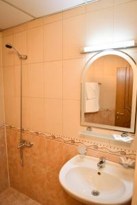 a bathroom with a sink and a shower and a mirror at Lina Hotel in Bansko