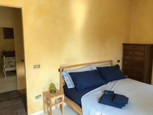 a bedroom with a bed with blue pillows and a dresser at Paradiso di Sara in Vignale