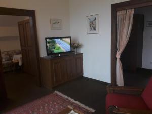 een woonkamer met een televisie op een dressoir bij Ferienwohnung Gästehaus Inge in Zlan