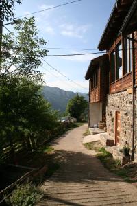 un camino de tierra junto a un edificio con una montaña en Albergue Les Xendes. Parque de Redes en Caso