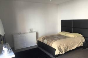 a bedroom with a large bed with a black headboard at Centre ville Colmar, parking in Colmar