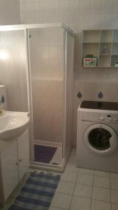 a bathroom with a shower and a washing machine at Ferienappartment "Mili am See" in Lochau
