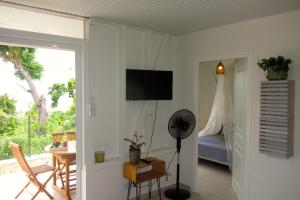 1 dormitorio con 1 cama y escritorio con ventilador en Or bleu-Bungalow volcan Soufriere-Vue sur mer, en Saint-Claude