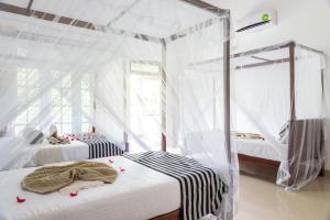 two beds in a room with white mosquito nets at Sigiriya Sun Shine Villa in Sigiriya