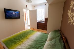 a room with a green bed and a tv on a wall at Apartament Makowo in Makowo