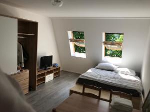 Un dormitorio con una cama y una mesa y dos ventanas. en Apartment Aly, en Bovec