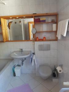 La salle de bains est pourvue d'un lavabo, de toilettes et d'un miroir. dans l'établissement Landhaus Waldrebe, à Grainau