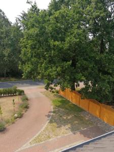 a sidewalk with a tree next to a fence at Felixanum Hotel & Galerie in Isernhagen