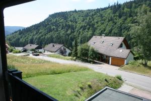 a view from the balcony of a house in the mountains at Apartment Rose in Todtmoos