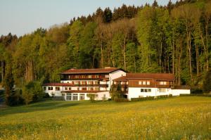 una casa grande en una colina con un campo en Hotel St. Ulrich Garni en Ottobeuren