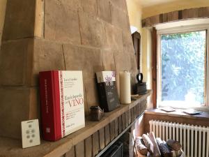 two books are sitting on a fireplace mantle at Paradiso di Sara in Vignale