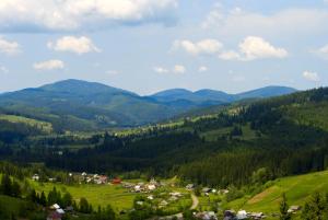 a green valley with houses and mountains in the distance at Садиба у Вишкові in Vyshkiv