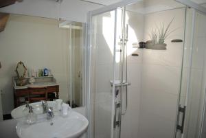 a white bathroom with a shower and a sink at La Promenade en Champagne in Mussy-sur-Seine