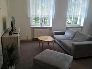 a living room with a couch and a table at Fewo am Personenaufzug in Bad Schandau