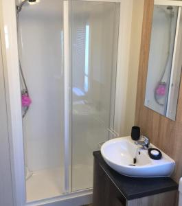 a bathroom with a shower and a white sink at Poppy Lodge in Boat of Garten