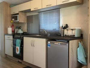 a kitchen with a sink and a stove top oven at Poppy Lodge in Boat of Garten