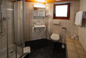 a bathroom with a shower and a toilet and a sink at Hotel Restaurant Simplon in Frutigen