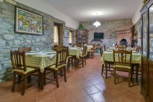CastelcivitaにあるAgriturismo L'Antico Casolareのテーブルと椅子と石の壁があるレストラン