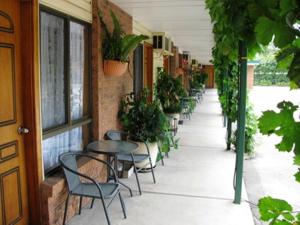 a row of tables and chairs on a patio at The Wayfarer Motel in Muswellbrook