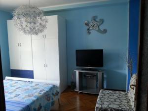 a bedroom with blue walls and a tv and a chair at Arc en ciel in Aosta
