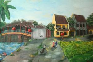 a painting of a house with two people walking down a street at Golden Bell Homestay in Hoi An