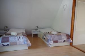 ビルカシにあるDomek letniskowyのベッドルーム1室(ベッド2台、鏡付)