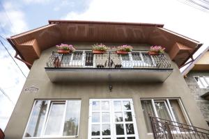 a balcony with potted plants on a building at U Maksa in Solochyn
