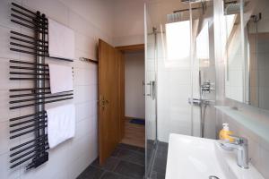 La salle de bains est pourvue d'un lavabo et d'une douche en verre. dans l'établissement Ferienwohnung Fauser, à Oberstdorf