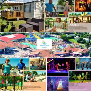 a collage of photos of people at a swimming pool at Camping Les Charmettes-Mobile Home Vacances in Les Mathes