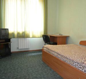 a hotel room with a bed and a desk and a television at Sfinks in Zaporozhye