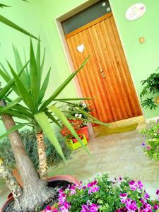 a room with potted plants and a wooden door at B&B L'angolo fiorito in Bernalda