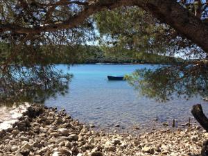 a boat in the water on a rocky beach at Apartments Villa Laura in Pula