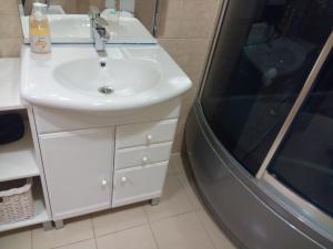 a bathroom with a sink and a shower at Hotel Orion in Surgut
