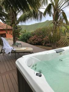 a bath tub on a deck with palm trees at Haciendas del Valle - Las Kentias in Valle de Guerra