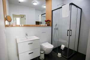 uma casa de banho com um WC e uma cabina de duche em vidro. em Sopot Apartamenty Bema 6 em Sopot