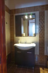 a bathroom with a sink and a mirror at Fotini's Apartments - Pelekas Beach in Pelekas