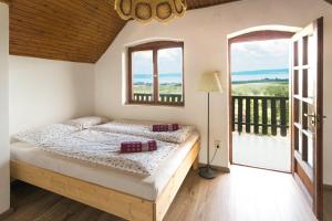 ein Schlafzimmer mit einem Bett und einem großen Fenster in der Unterkunft Tagyon Birtok Panoráma Apartman in Tagyon