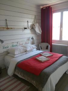 ブリニョガン・プラージュにあるHôte Antiqueのベッドルーム1室(赤毛布付きの大型ベッド1台付)