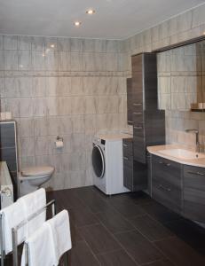 y baño con lavadora y lavamanos. en Ferienwohnung Trauntschnig en Bodensdorf